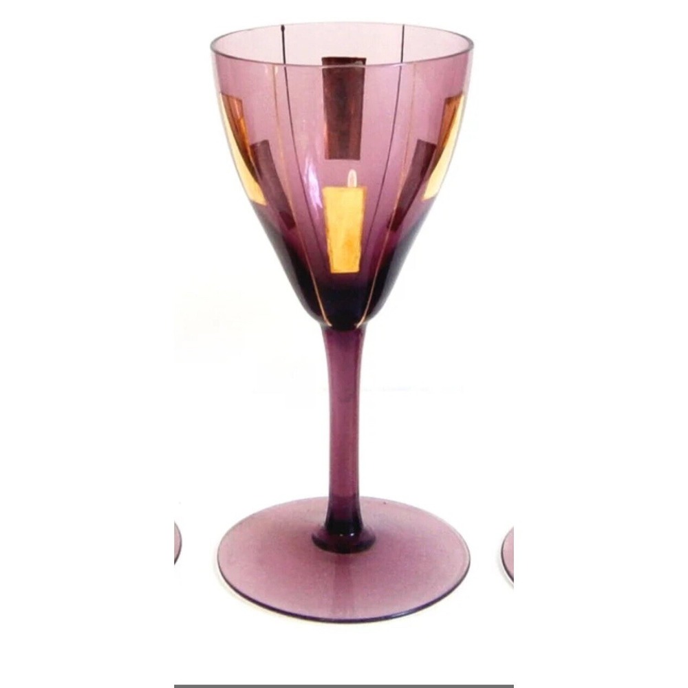 Vintage MCM Art Deco Amethyst Gold Atomic Wine Glasses Rare Italian 1950s